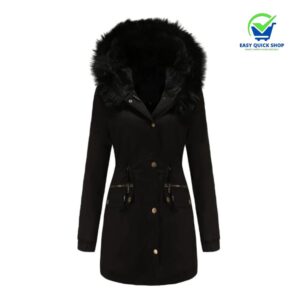 Damen Winterjacke Parka Schwarz, Kunstfellkapuze, warm gefüttert, Winter