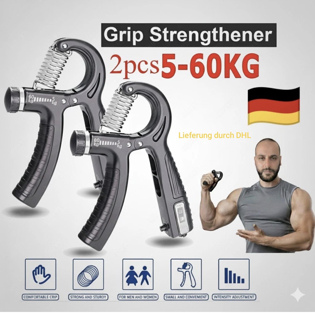 2X Handtrainer 5-60kg verstellbarer Fingertrainer mit Zähler