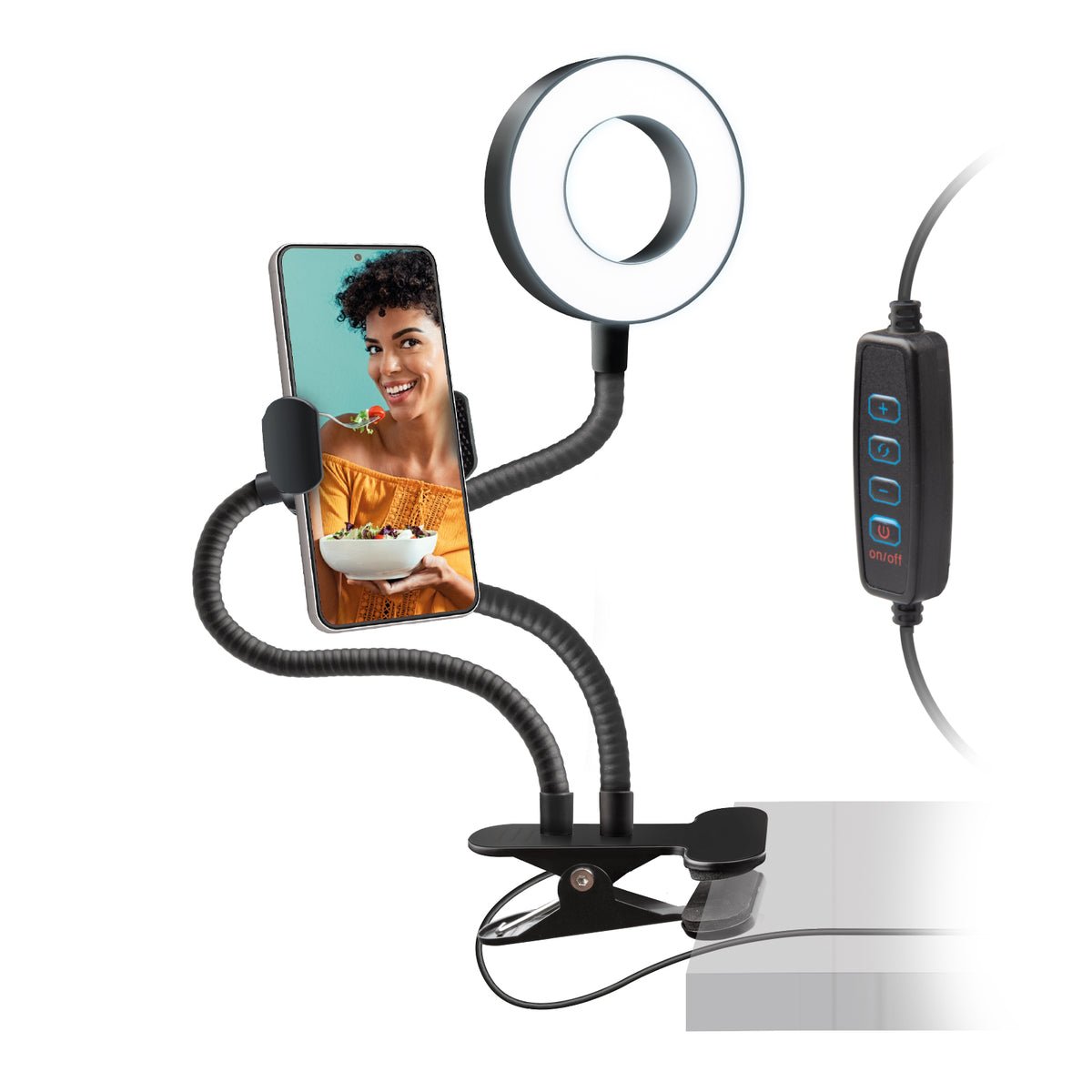 LED Selfie-Ringlicht mit Handyhalter & Tischklemme, USB, 3 Modi – Bild 4
