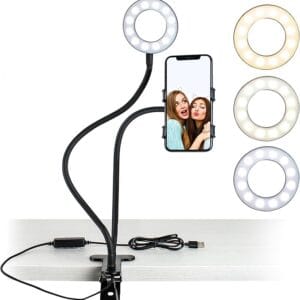 LED Selfie-Ringlicht mit Handyhalter Lamp, Tischklemme, USB, 3 Modi
